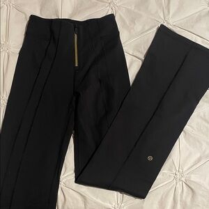 Women Lulu Black High-Waist Zip Front Flare Pants- gold details✨